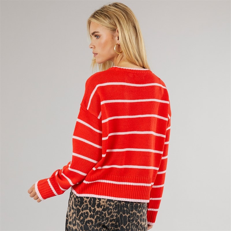 Brave Soul Womens Mason Crew Neck Jumper Red/Pink Stripe - Image 2