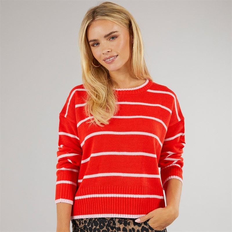 Brave Soul Womens Mason Crew Neck Jumper Red/Pink Stripe - Image 3