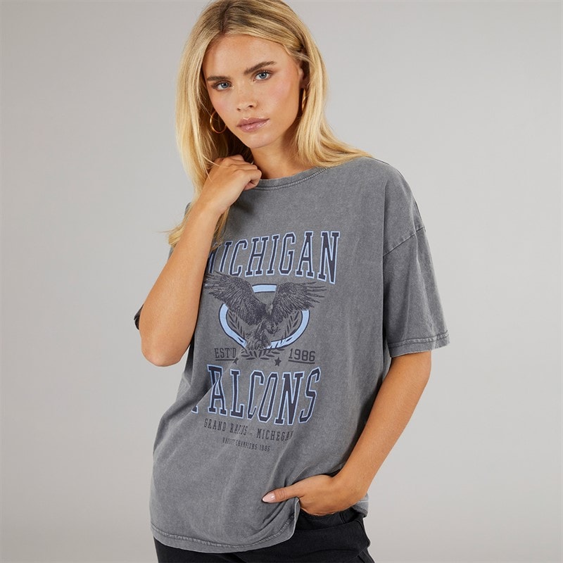 Brave Soul Womens Oversized Graphic T-Shirt Silver Grey Acid Wash - Image 1