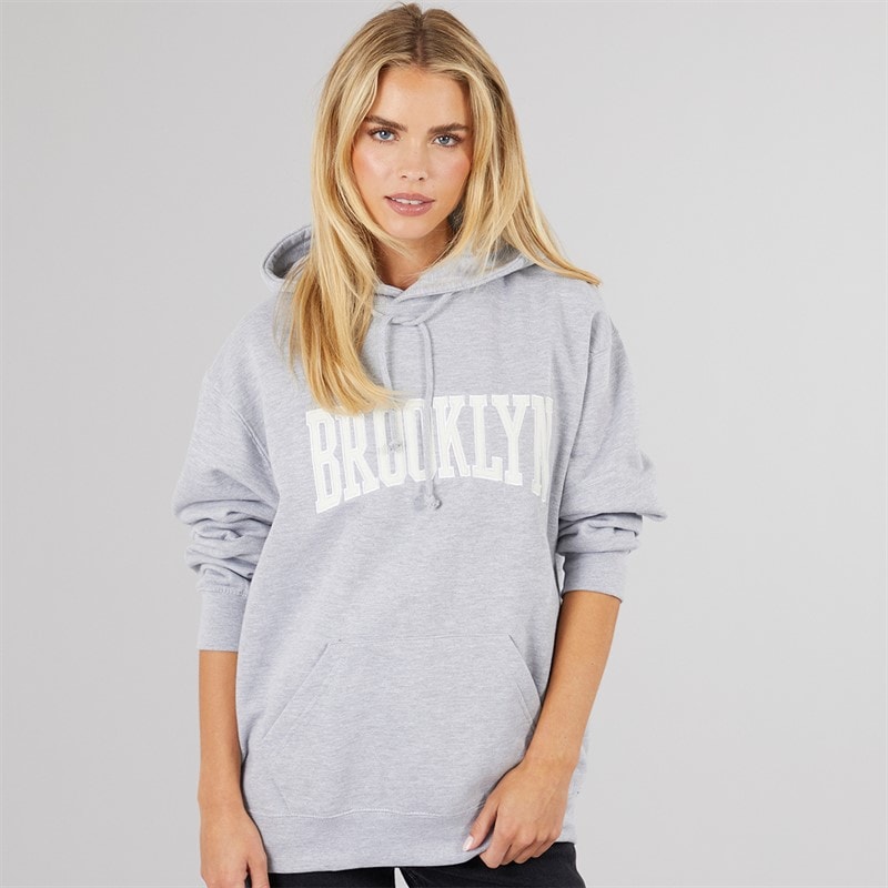 Brave Soul Womens Eilani Printed Hoodie Grey Marl/White - Image 1