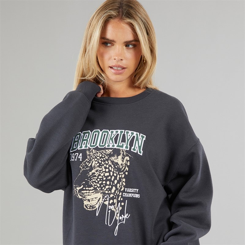 Brave Soul Womens Moll Embroided Sweatshirt Charcoal - Image 3