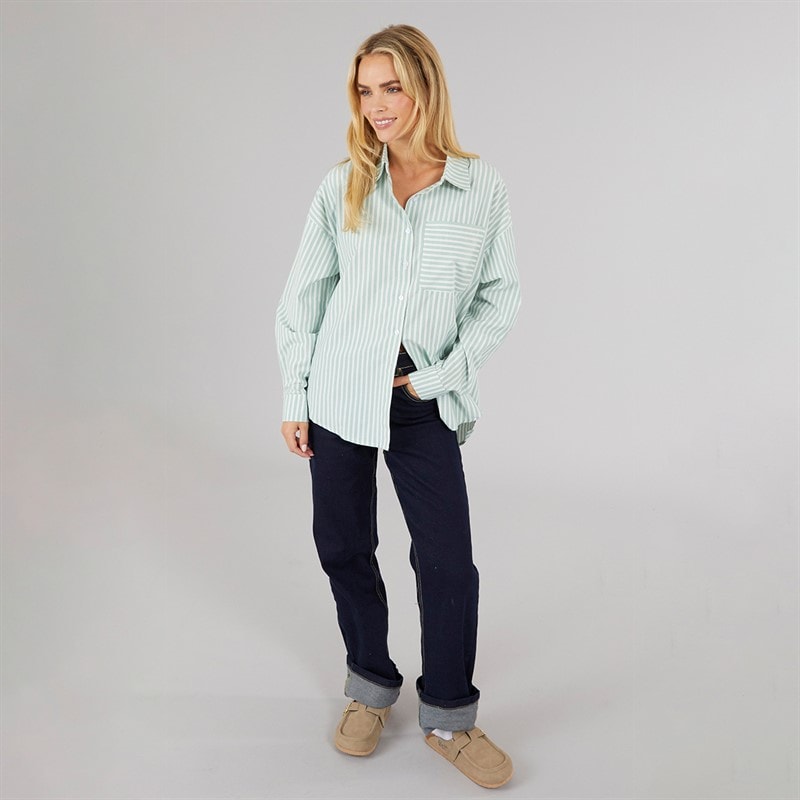 Brave Soul Womens Francis Oversized Shirt Green/White - Image 4