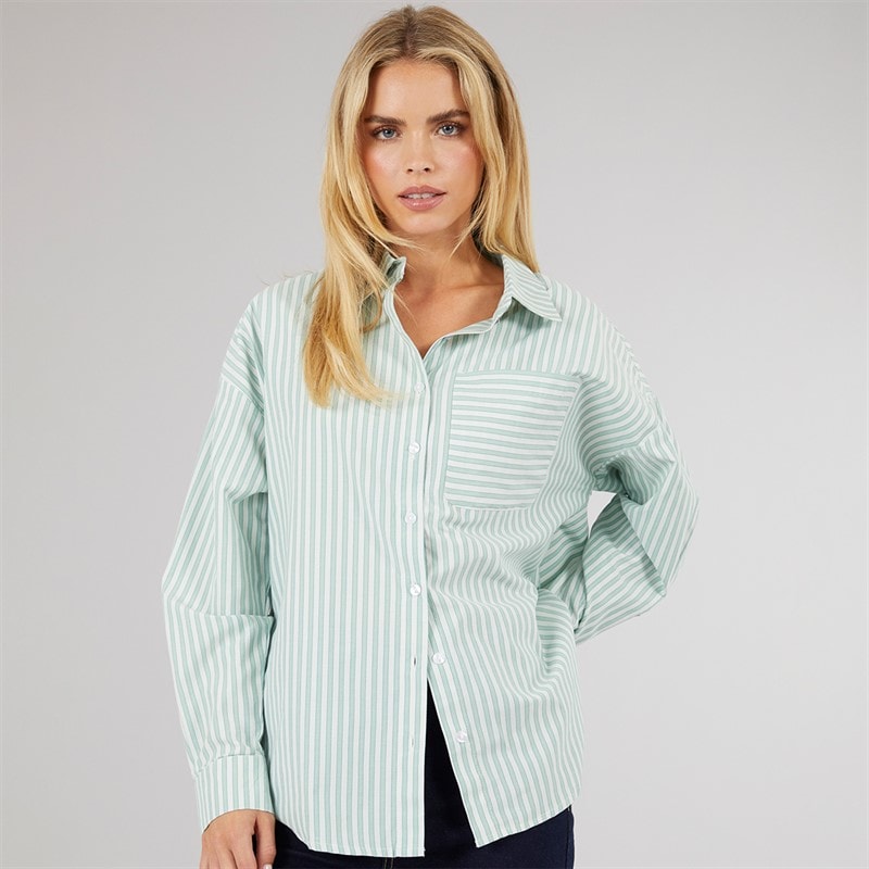 Brave Soul Womens Francis Oversized Shirt Green/White - Image 5