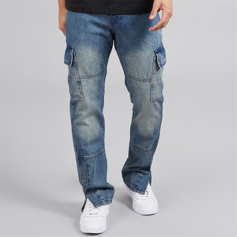 Brave Soul Mens Station Loose Fit Cargo Jeans Mid Blue - Image 1