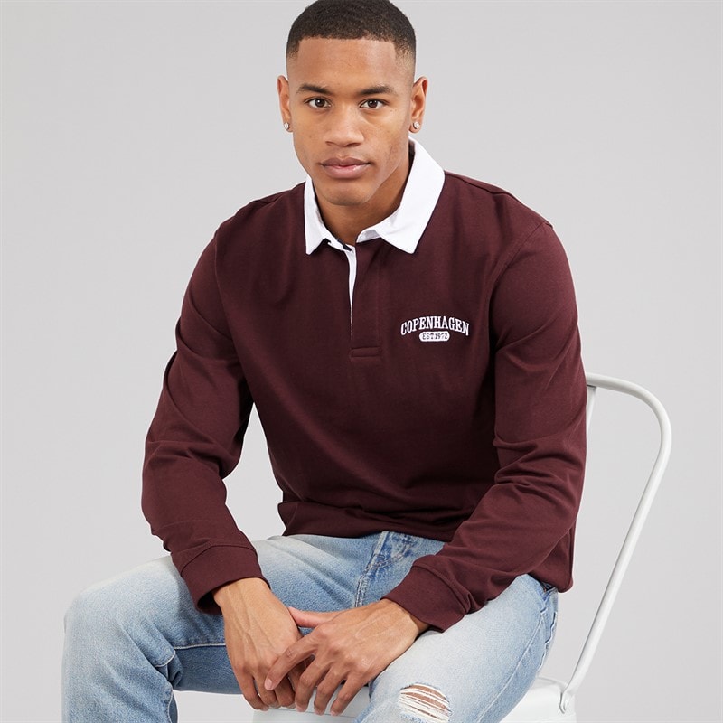Brave Soul Mens Decoster Long Sleeve Rugby Shirt Burgundy/Optic White - Image 1