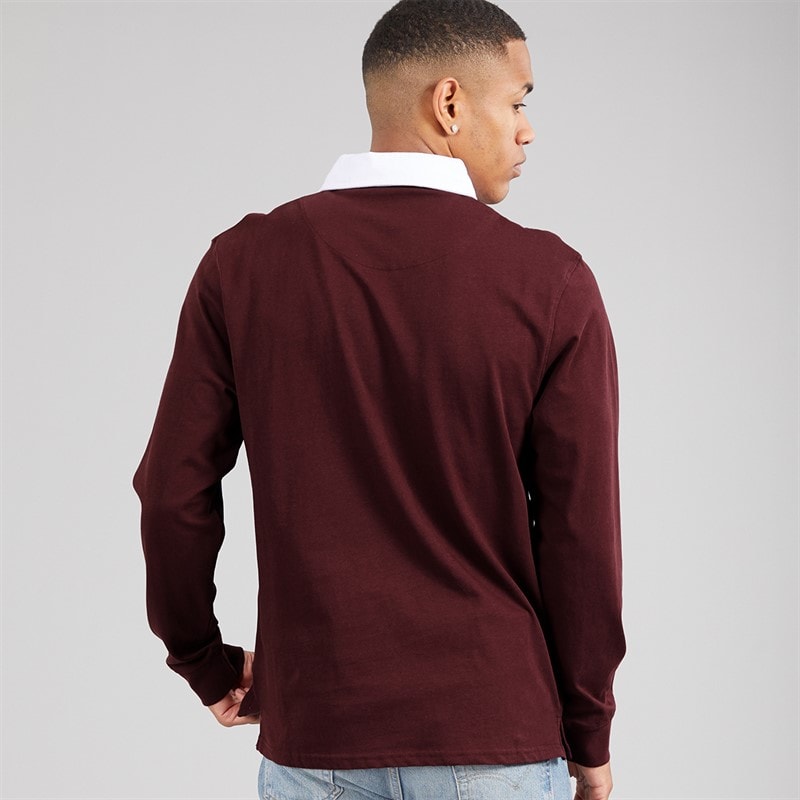 Brave Soul Mens Decoster Long Sleeve Rugby Shirt Burgundy/Optic White - Image 2