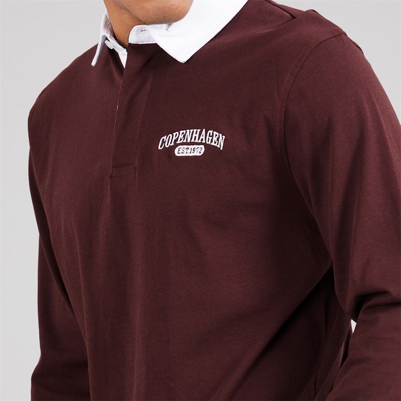 Brave Soul Mens Decoster Long Sleeve Rugby Shirt Burgundy/Optic White - Image 3