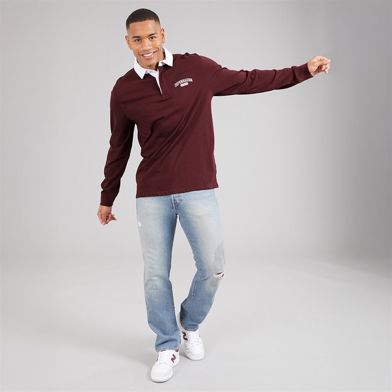 Brave Soul Mens Decoster Long Sleeve Rugby Shirt Burgundy/Optic White - Image 4