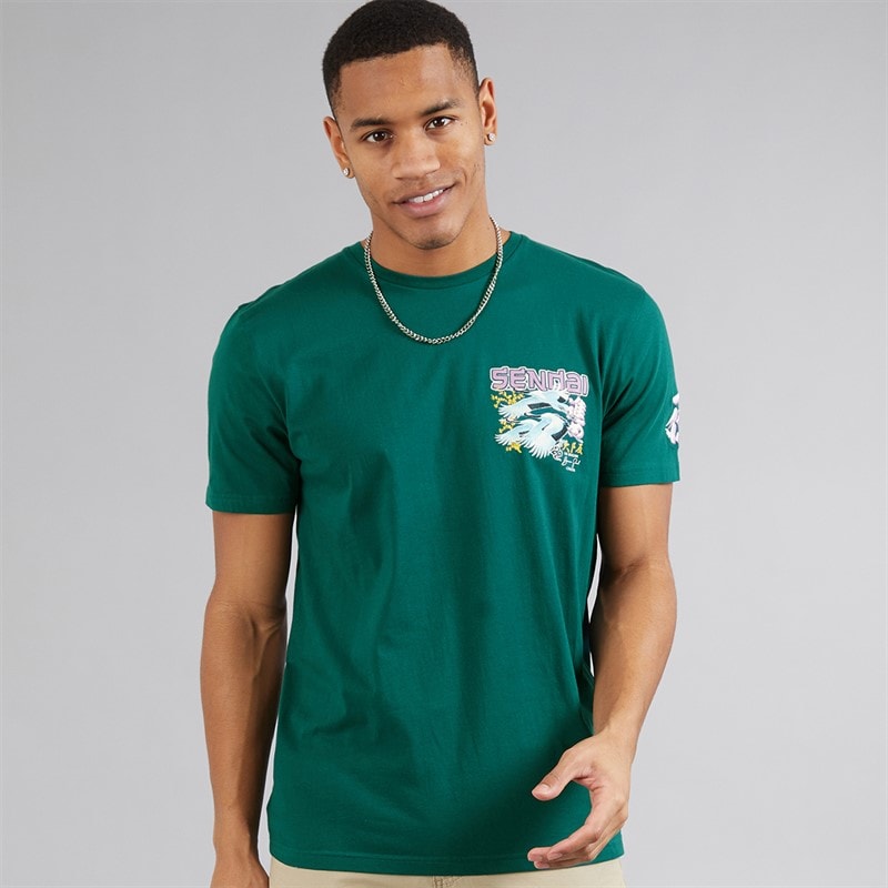 Brave Soul Mens Mura T-Shirt Green/Multi Colour Print - Image 1