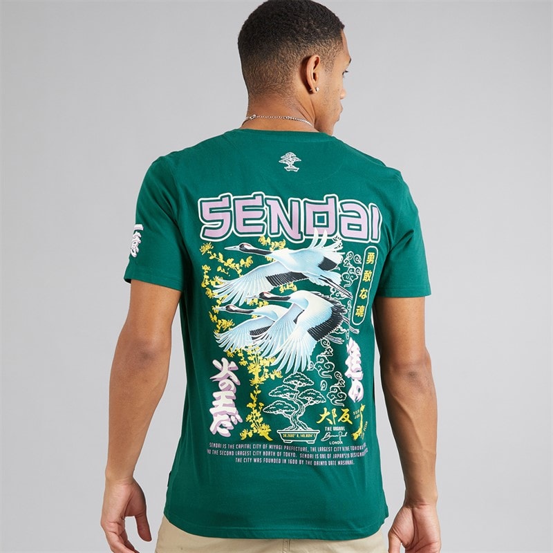 Brave Soul Mens Mura T-Shirt Green/Multi Colour Print - Image 2
