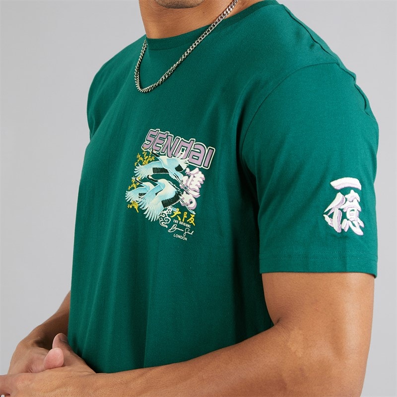 Brave Soul Mens Mura T-Shirt Green/Multi Colour Print - Image 3
