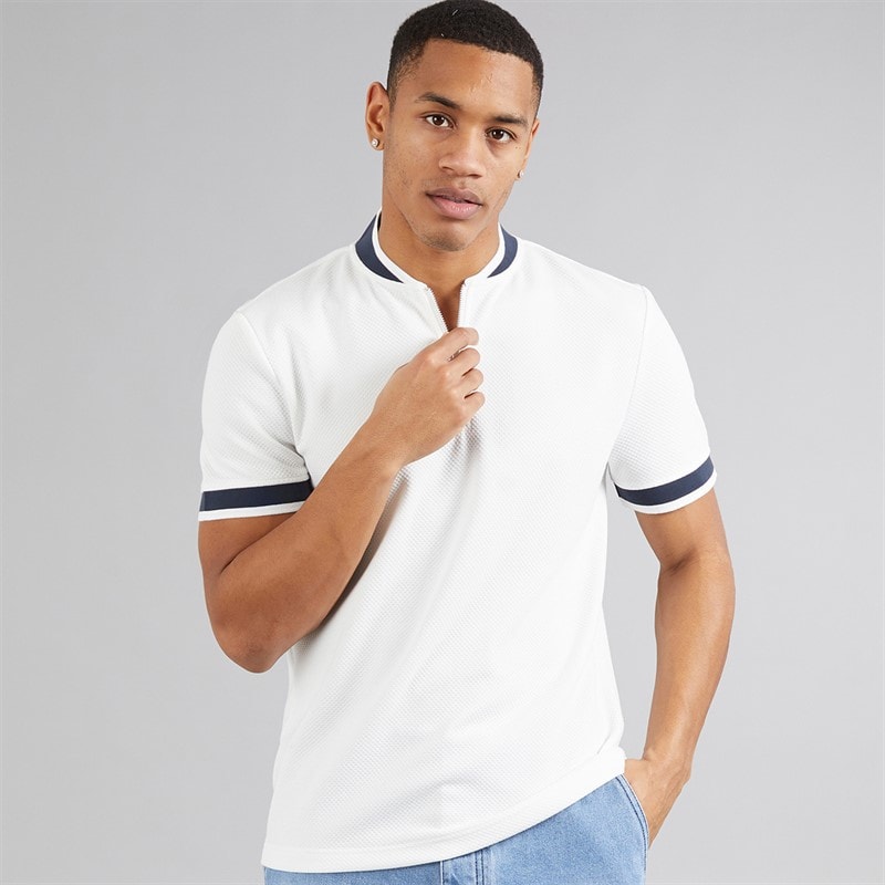 Brave Soul Mens Allsop 1/4 Zip Short Sleeve Polo Shirt Cream/Navy/Cream