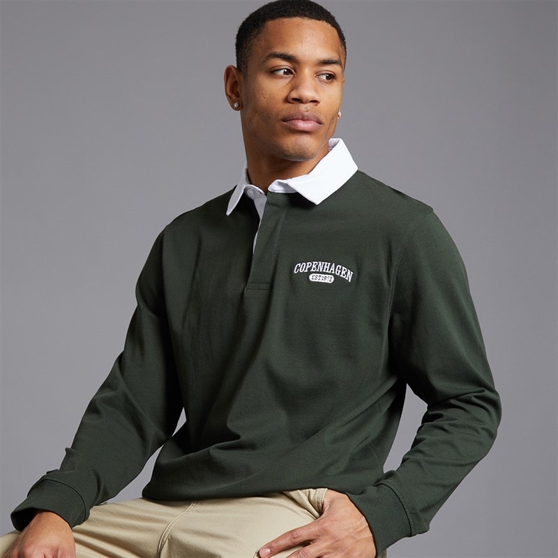 Brave Soul Mens Decoster Long Sleeve Rugby Shirt Hunter Green/Optic White - Image 1