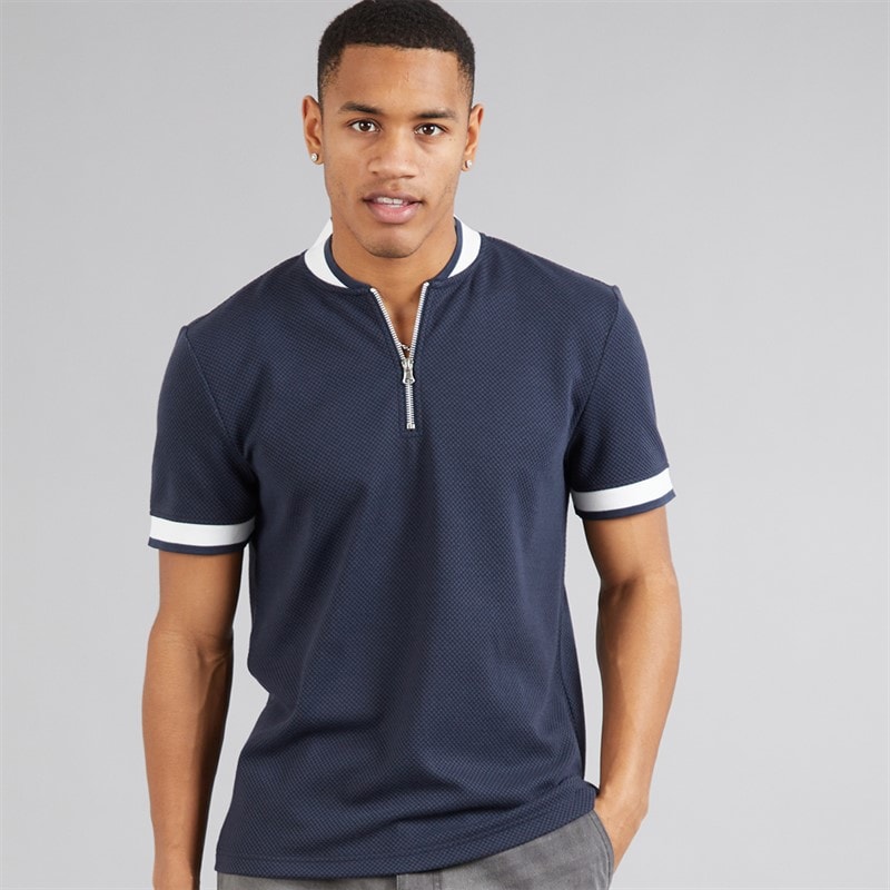 Brave Soul Mens Allsop 1/4 Zip Short Sleeve Polo Shirt Navy/Cream/Navy