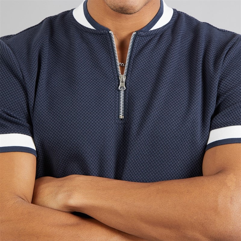 Brave Soul Mens Allsop 1/4 Zip Short Sleeve Polo Shirt Navy/Cream/Navy - Image 3