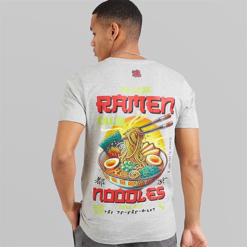 Brave Soul Mens Scran T-Shirt Light Grey Marl/Multi Colour Print