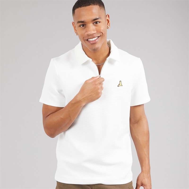 Brave Soul Mens Haynes Textured 1/4 Zip Polo Shirt Cream - Image 1