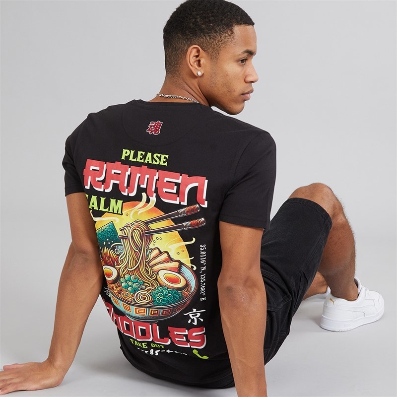 Brave Soul Mens Scran T-Shirt Jet Black/Multi Colour Print