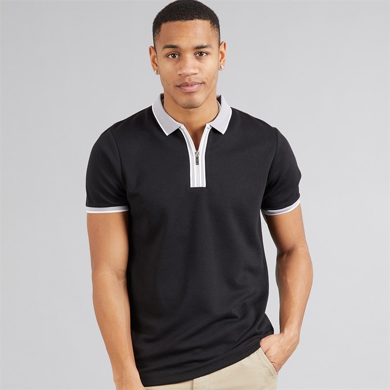 Brave Soul Mens Pythios Short Sleeve Contrast Polo Shirt Jet Black/Grey - Image 1