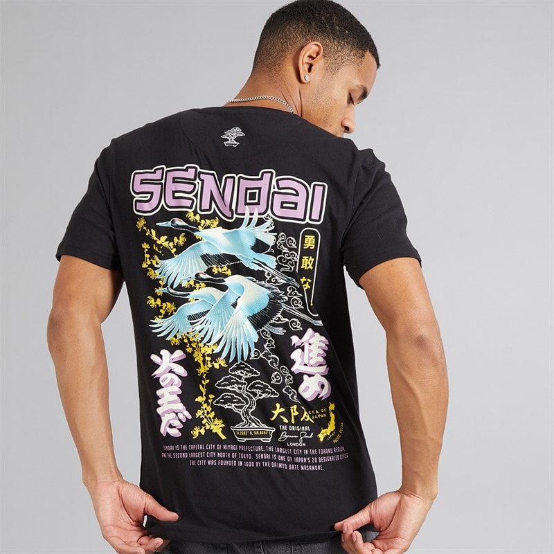 Brave Soul Mens Mura T-Shirt Jet Black/Multi Colour Print - Image 1