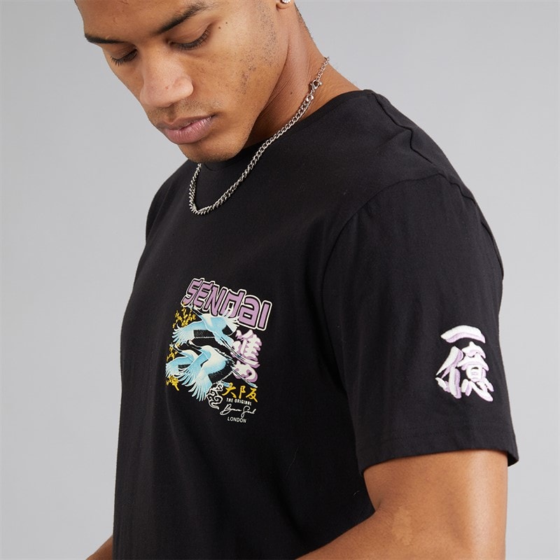 Brave Soul Mens Mura T-Shirt Jet Black/Multi Colour Print - Image 3