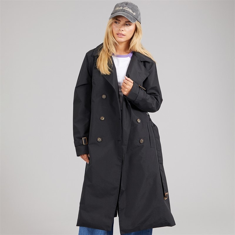 Brave Soul Womens Brandy Midi Trench Coat Black