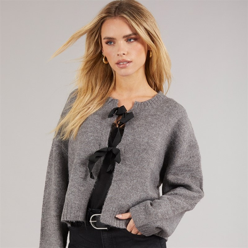 Brave Soul Womens Ribbons Cardigan Charcoal/Black - Image 1