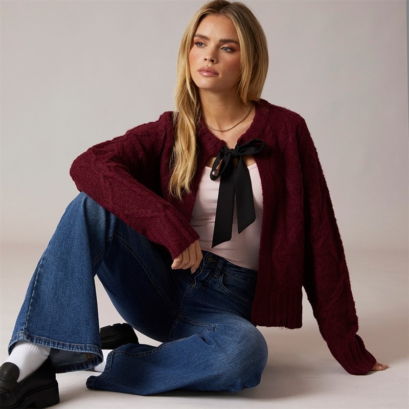 Brave Soul Womens Silken Cardigan Wine/Black - Image 5
