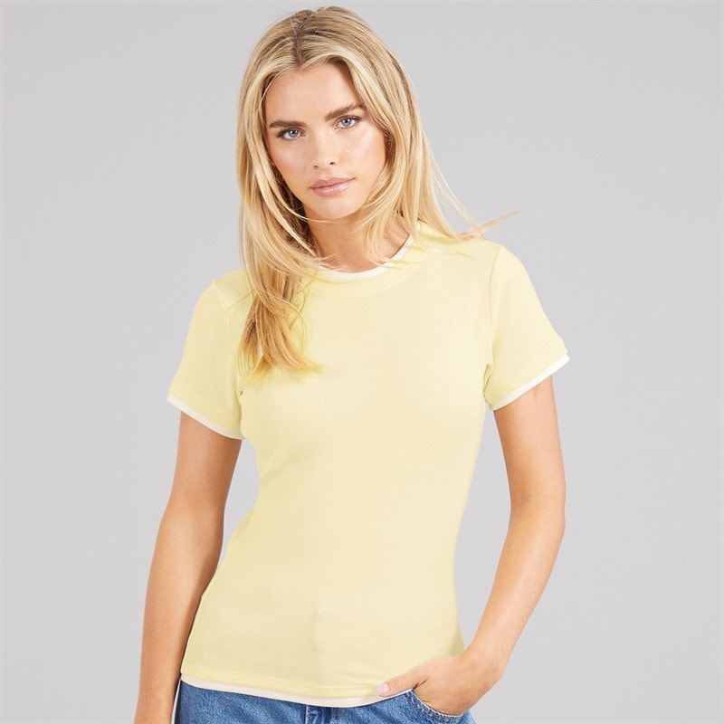 Brave Soul Womens Athena Double Layered T-Shirt Pale Yellow/White