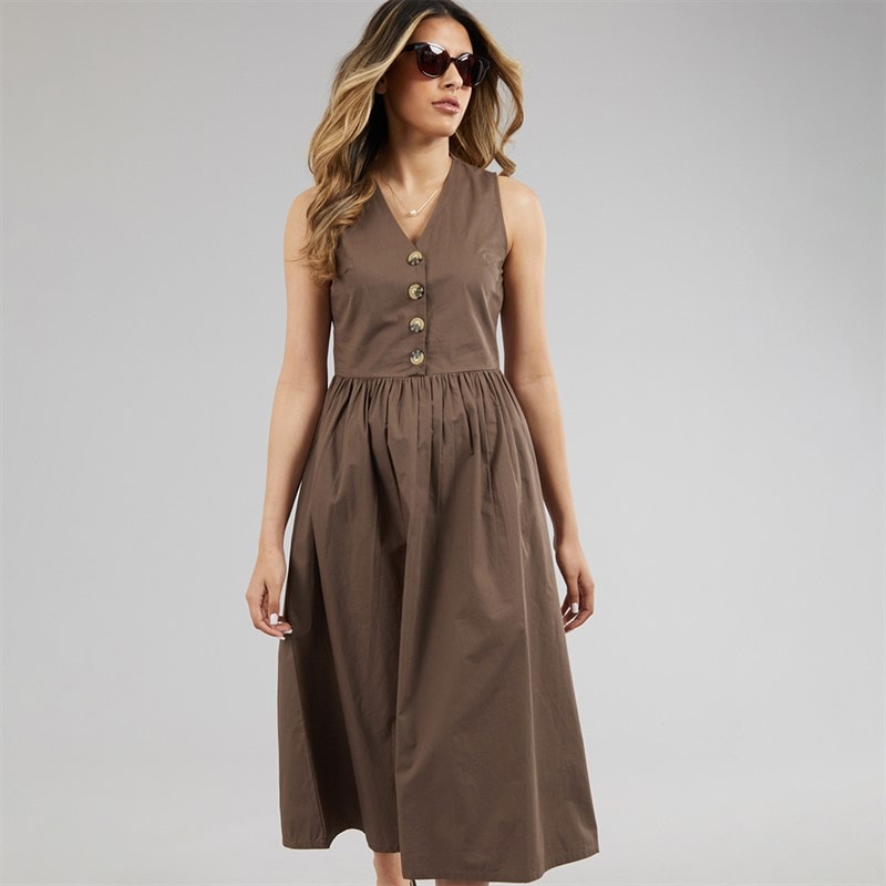 Brave Soul Womens Benit Button Down Midi Dress Brown