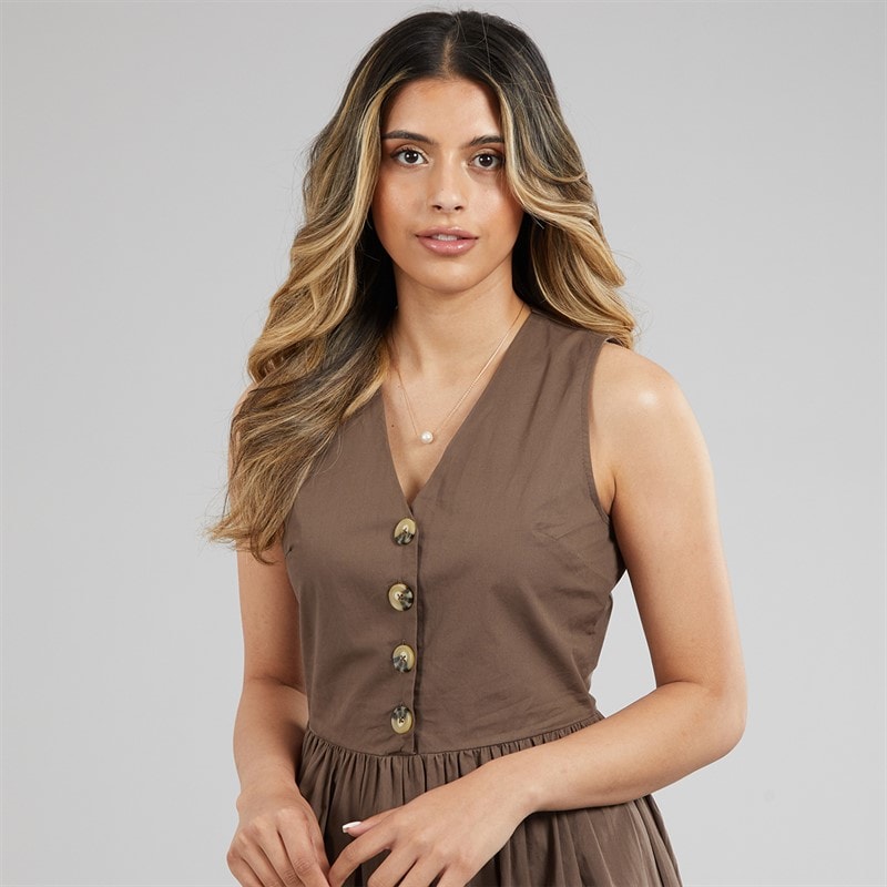 Brave Soul Womens Benit Button Down Midi Dress Brown - Image 3