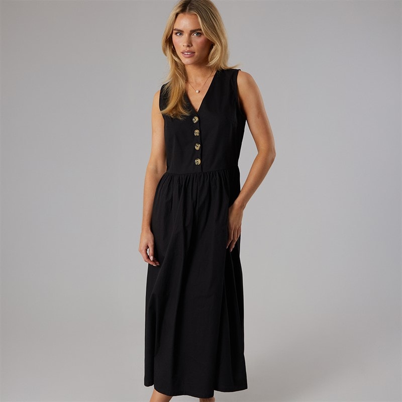 Brave Soul Womens Benit Button Down Midi Dress Black