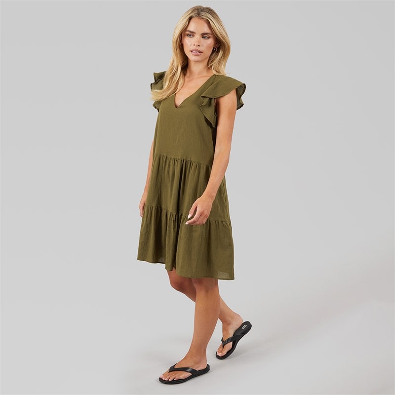Brave Soul Womens Cassie Short Sleeve Tiered Dress Khaki - Image 3