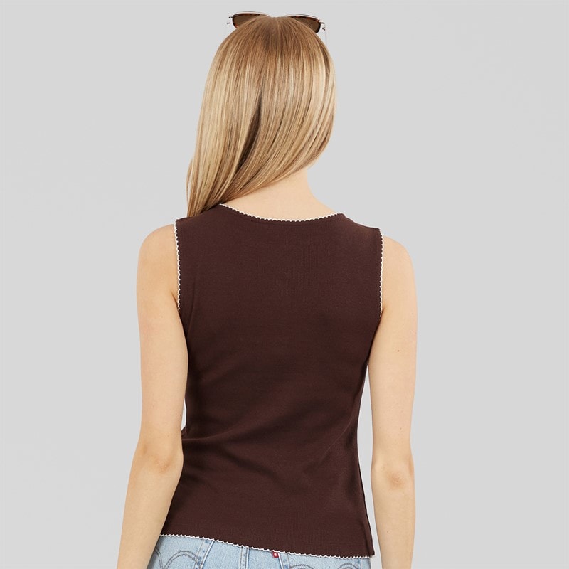 Brave Soul Womens Picot Button Down Vest Chocolate/Cream - Image 2