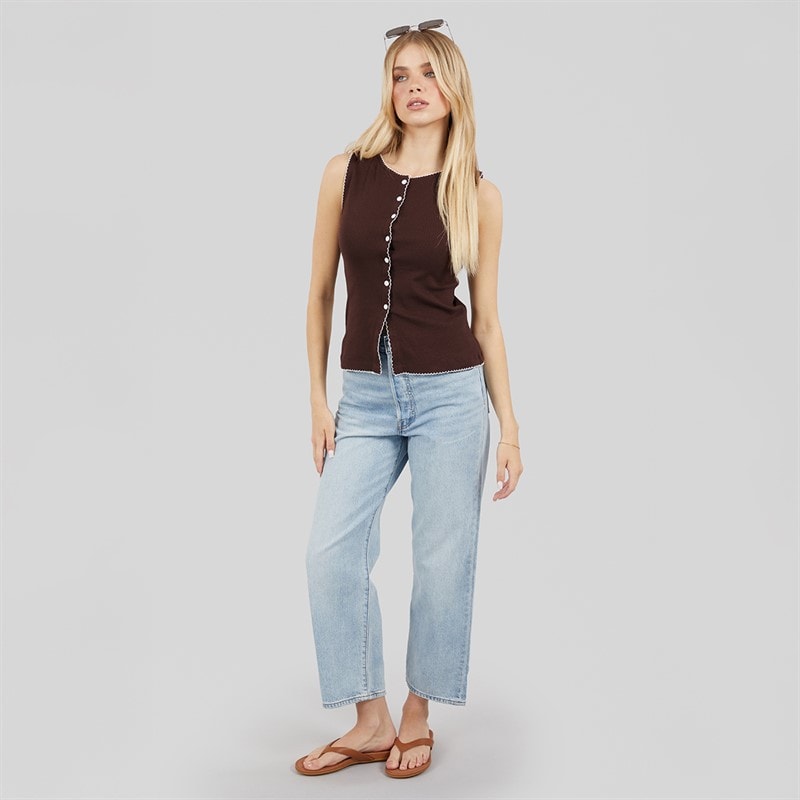 Brave Soul Womens Picot Button Down Vest Chocolate/Cream - Image 4