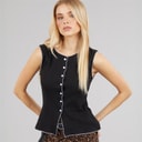 Brave Soul Womens Picot Button Down Vest Black/White