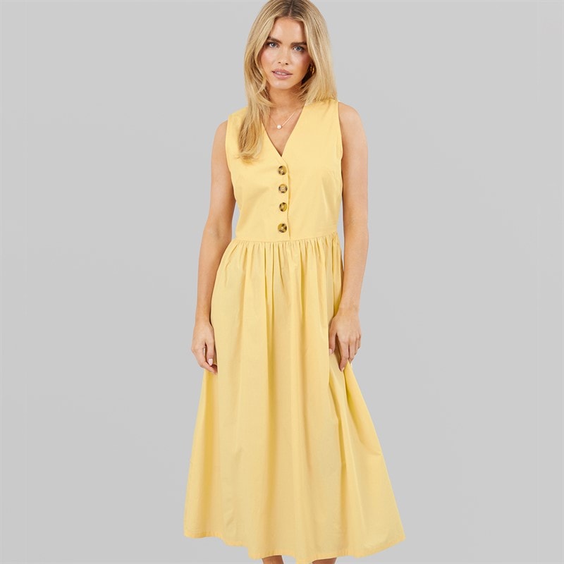 Brave Soul Womens Benit Button Down Midi Dress Yellow