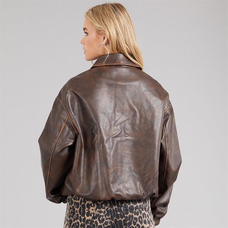 Brave Soul Womens Livvie Bomber Jacket With Collar Vintage Dark Brown - Image 2