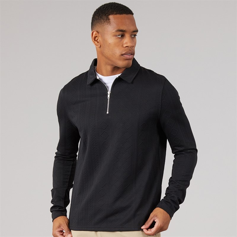Brave Soul Mens Mellark Long Sleeve 1/4 Zip Polo Shirt Black