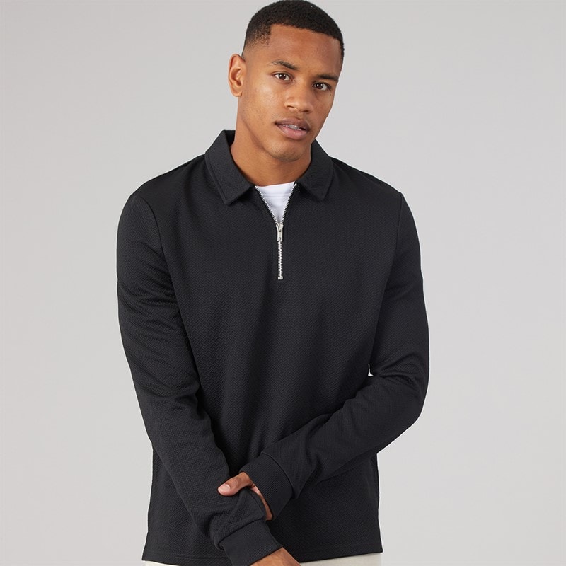 Brave Soul Mens Lamontb 1/4 Zip Long Sleeve Polo Shirt Black