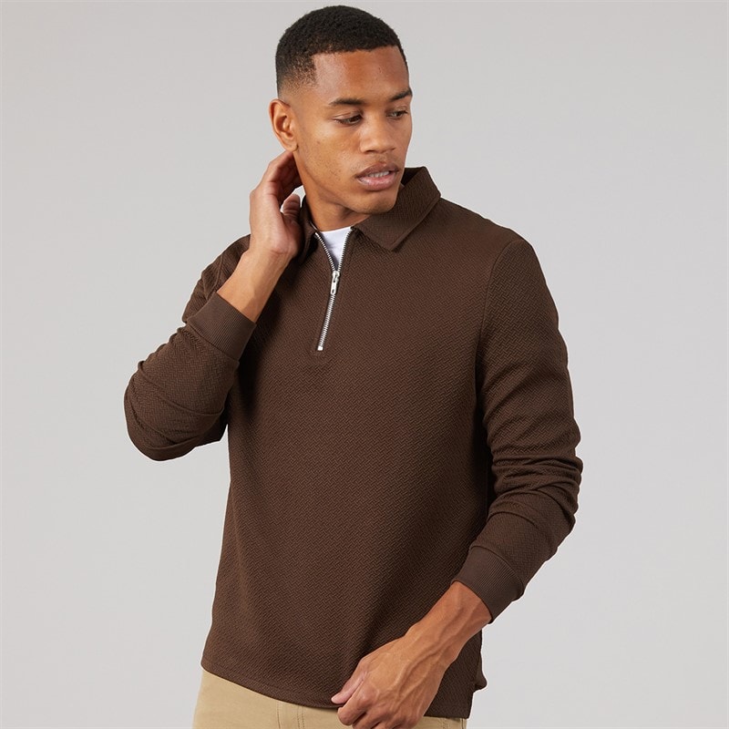 Brave Soul Mens Lamontc 1/4 Zip Long Sleeve Polo Shirt Dark Brown - Image 3