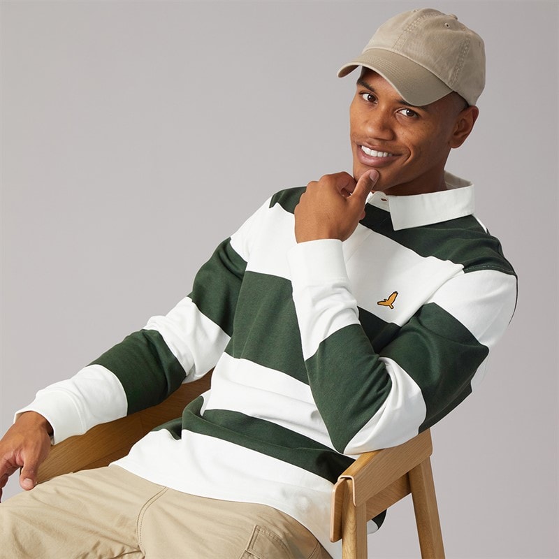 Brave Soul Mens Grosics Rugby Shirt Cream/Hunter Green