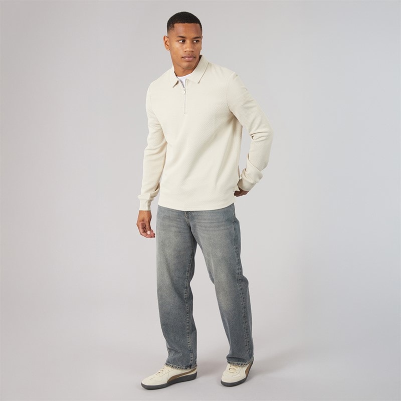 Brave Soul Mens Lamont 1/4 Zip Long Sleeve Polo Shirt Light Stone - Image 4