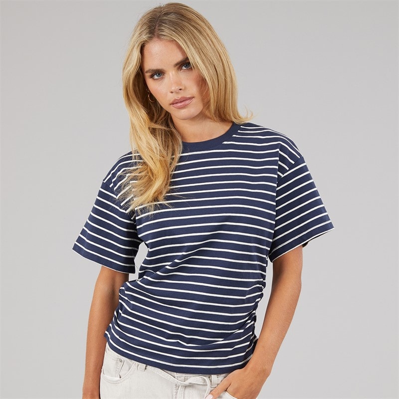 Brave Soul Womens Elound Crew Neck Ruched Stripe T-Shirt Navy/Cream