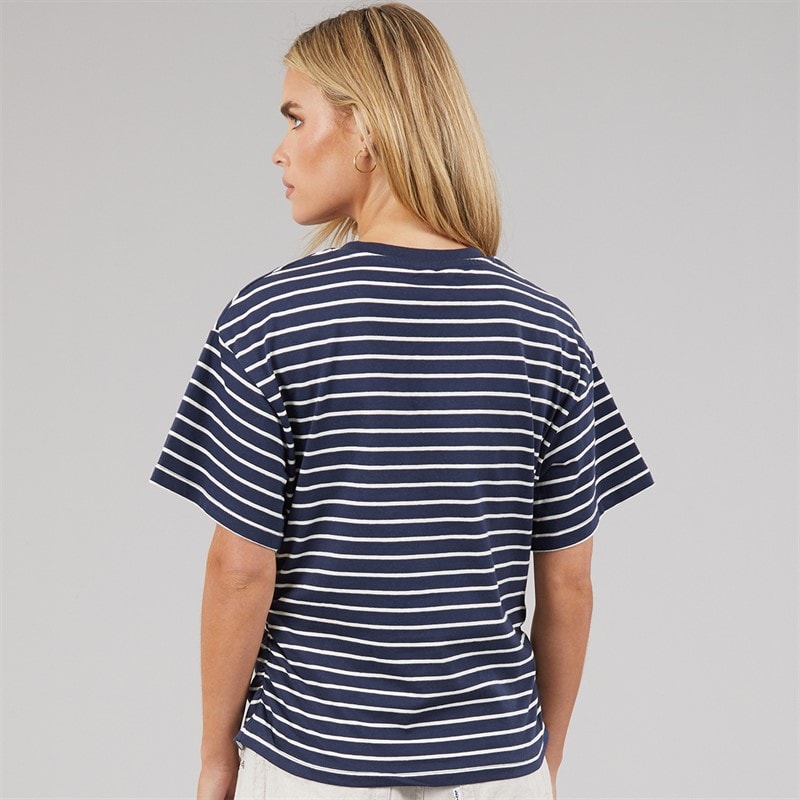 Brave Soul Womens Elound Crew Neck Ruched Stripe T-Shirt Navy/Cream - Image 2