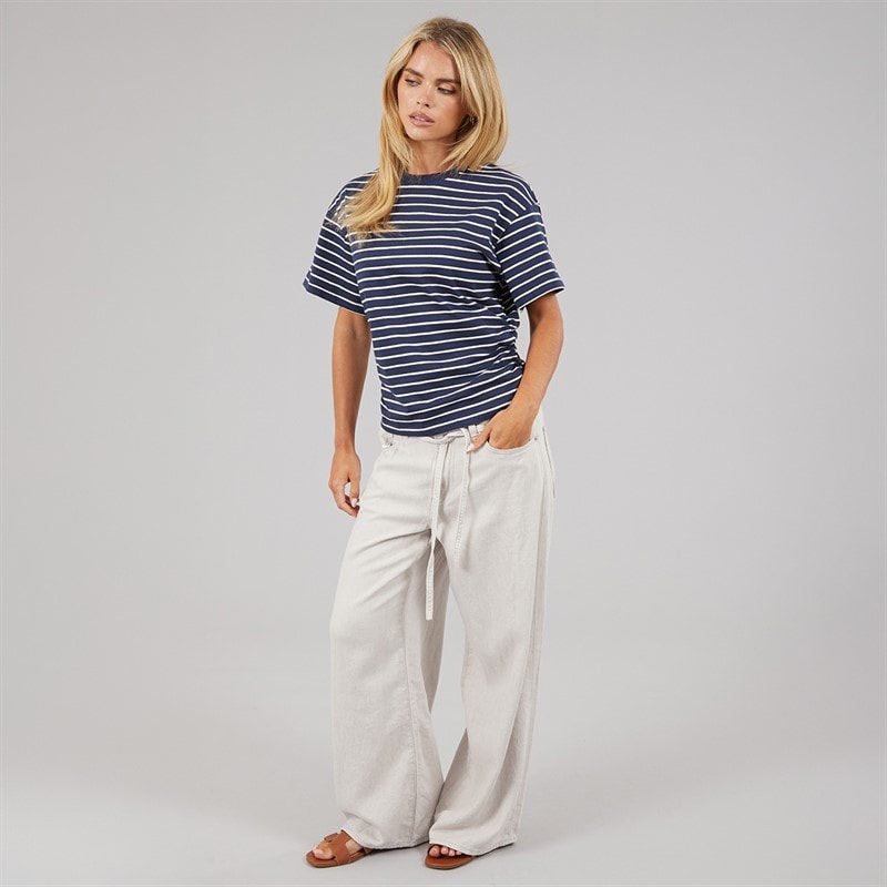 Brave Soul Womens Elound Crew Neck Ruched Stripe T-Shirt Navy/Cream - Image 3