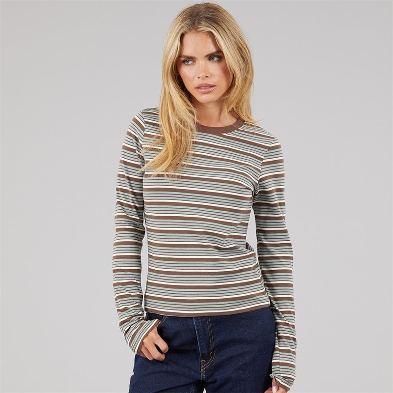 Brave Soul Womens Molly Crew Neck Long Sleeve Stripe Top Brown/Green