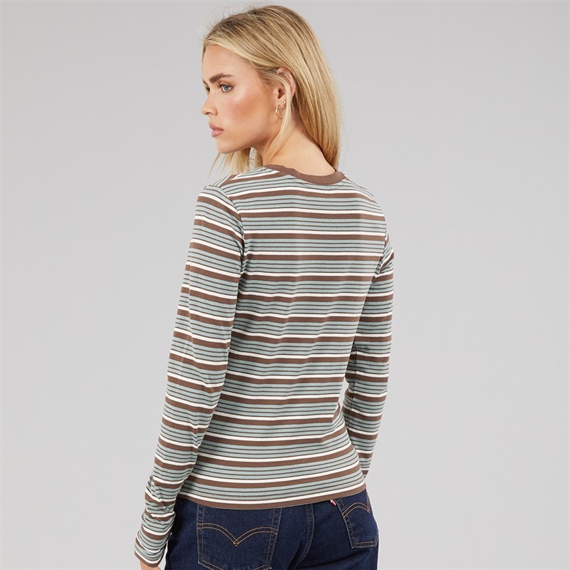 Brave Soul Womens Molly Crew Neck Long Sleeve Stripe Top Brown/Green - Image 2