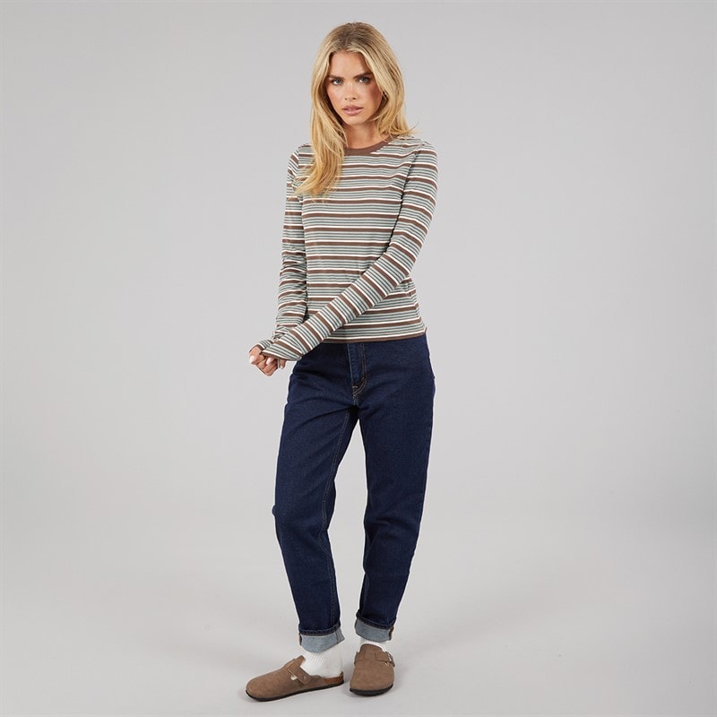 Brave Soul Womens Molly Crew Neck Long Sleeve Stripe Top Brown/Green - Image 3