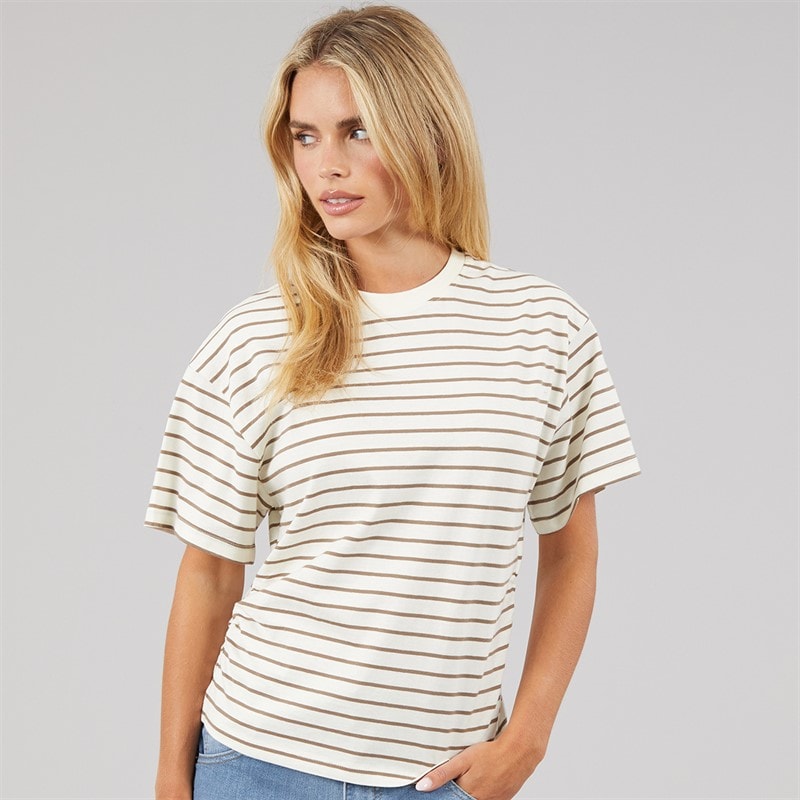 Brave Soul Womens Elound Crew Neck Ruched Stripe T-Shirt Cream/Truffle